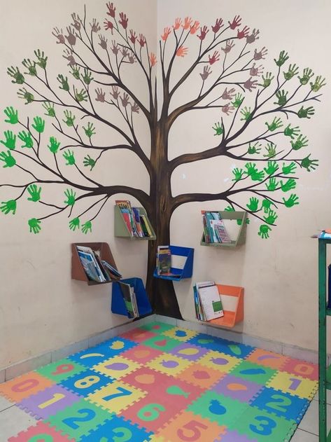 Preschool Wall Tree, Daycare Tree Wall, School Wall Art Ideas, Classroom Tree, School Wall Decoration, Preschool Decor, Daycare Decor, Daycare Design, Kindergarten Classroom Decor