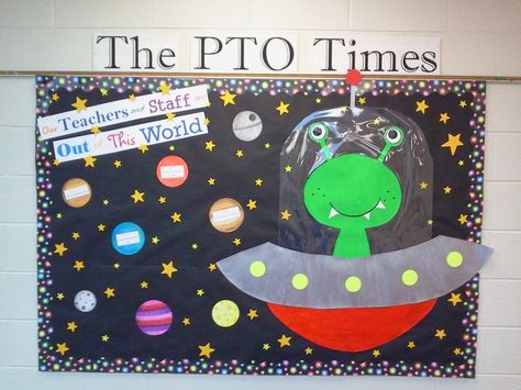 Alien Bulletin Board Ideas, Spaceship Classroom Door, Alien Classroom Door, Space Theme Hallway, Alien Bulletin Board, Star Cheese, Middle School Quotes, Space Theme Decorations, Space Bulletin Boards