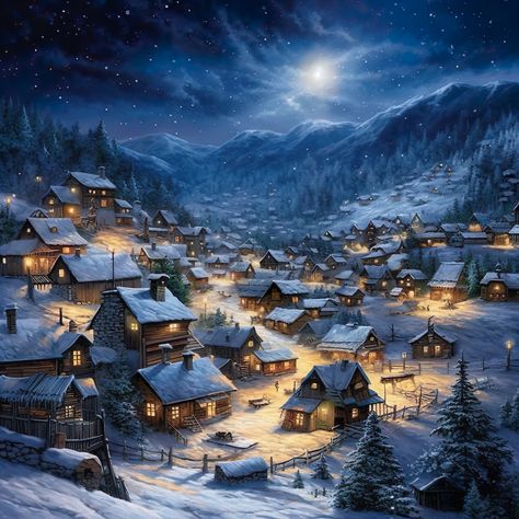 Frozen Background, Town Drawing, Village Drawing, Snowy Evening, Mountains At Night, Winter Drawings, Snowy Village, Fantasy Village, Mountain Landscape Photography