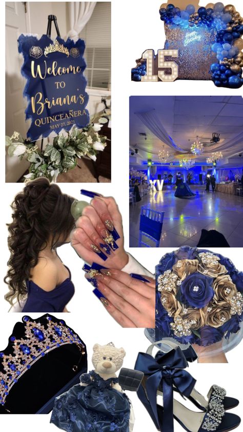 Royal Blue And Gold Aesthetic, Royal Blue 15 Decorations, Dark Blue And Gold Quinceanera Theme, Navy Blue Quince Decorations, Midnight Blue Quince, Quince Background, Dark Blue Sweet 16, Blue And Gold Quince, Midnight Blue Quinceanera Theme