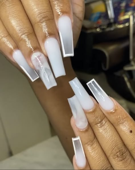 Nut White Nails With White Outline, Nut White Nails Acrylic Coffin, Medium Nails Acrylic White, White Glossy Acrylic Nails, Nut Nails Coffin, Clear And White Acrylic Nails, Nut Color Nails Acrylic, White Nail Set Ideas, Milky White Nails Acrylic Coffin Long