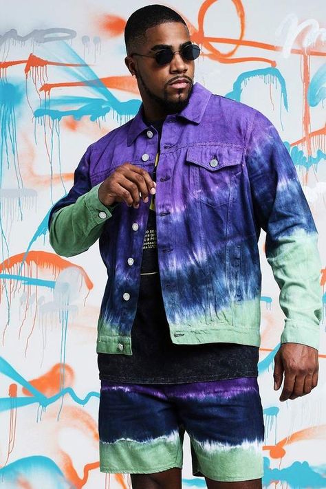 Tie Dye Denim Jacket, Gq Mens Style, Gq Fashion, Dye Denim, Tie Dye Men, Borg Jacket, Tie Dye Denim, Heavy Coat, Tie Dye Shirts