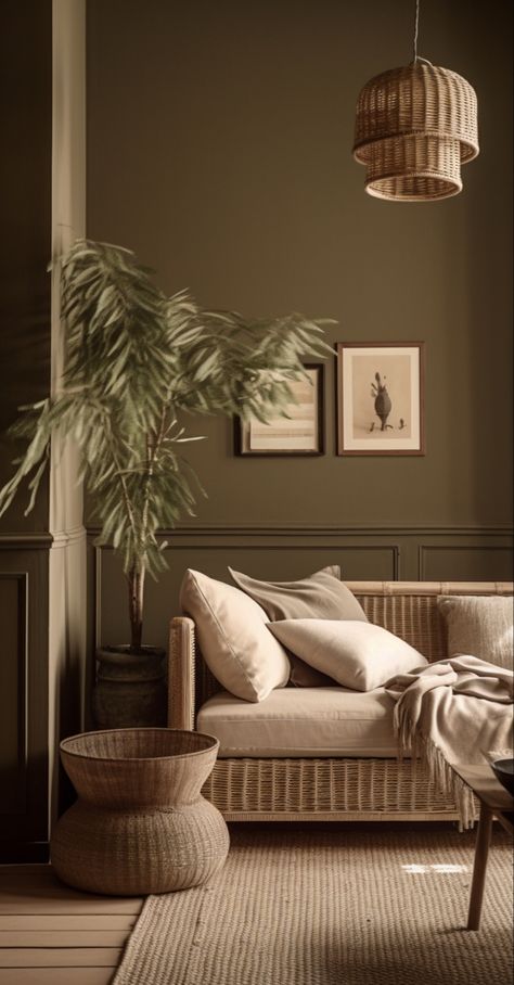 Earthy brown walls with a soft cream-colored linen sofa, rattan accents, and muted green foliage. Olive Green Interior Design, Olive Green Interior, Brown Walls Living Room, Rattan Accents, Sofa Rattan, Muted Earth Tones, Green Interior Design, Living Hall, Muted Green