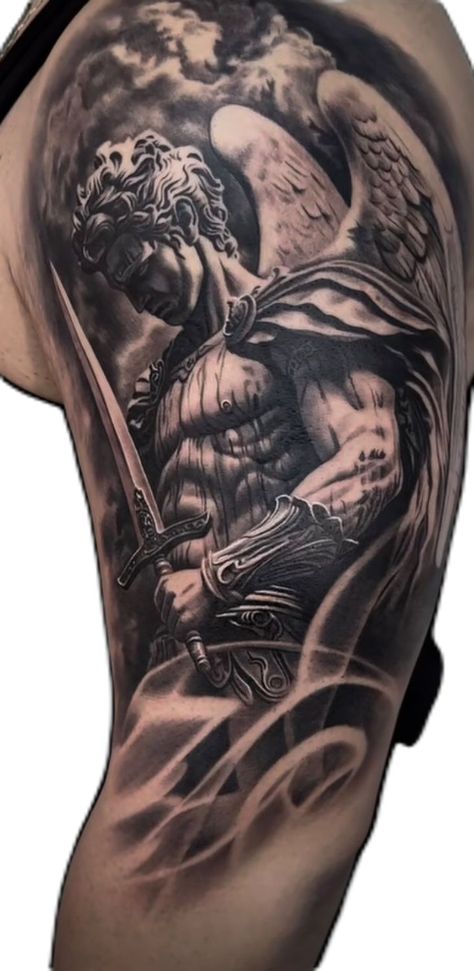 Men Statue Tattoo, Gladiator Angel Tattoo, Angel Statues Tattoo, Angel Half Sleeve Tattoo Men, God Sleeve Tattoos For Men, Angel Tattoos Men, God Forearm Tattoo Men, Aesthetic Angel Tattoo, Christian Shoulder Tattoo For Men