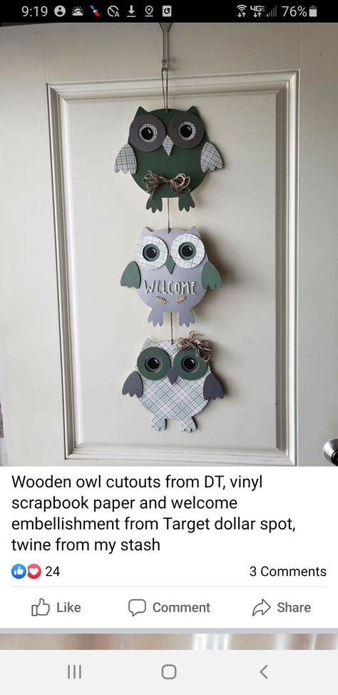 Diy Wooden Owl Wood Crafts, Dollar Tree Wooden Owl Craft, Dollar Tree Fall Wood Cutouts, Dollar Tree Fox Cutout, Dollar Tree Owl Craft, Fall Cutouts, Fall Greetings, Owl Sewing, Wreath Wall Art