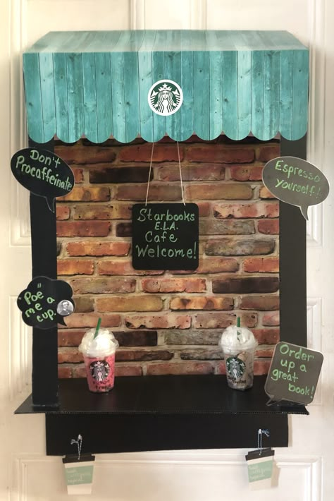 Starbucks Themed Library, Industrial Cafe Classroom, Coffeehouse Classroom Theme, Classroom Coffee Shop Theme, Classroom Coffee Shop, Coffee Shop Classroom Decor, Starbucks Classroom Theme, Classroom Coffee Station, Coffee Classroom Theme