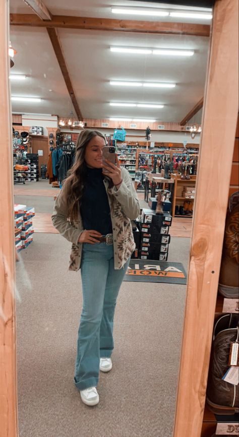 Outfits With Kimes Jeans, Nike Blazers And Jeans Outfit, Western Outfit With Nike Blazers, Western Aztec Jacket Outfit, Blazer Country Outfit, Kimes Jeans Outfits, Nike Blazers For Women Outfits, Blazer Western Outfit, Fancy Outfits With Jeans