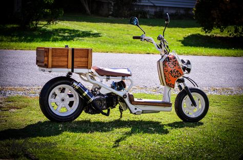 A few months ago, we were approached by a local individual to breath life back into their Honda Ruckus.  We were not expecting what he dropped off....a Ho Honda Ruckus Accessories, Wooden Floor Boards, Custom Honda Ruckus, Honda Metropolitan, Mini Motorbike, Scooter Shop, Wooden Trunk, Scooter Custom, Floor Boards