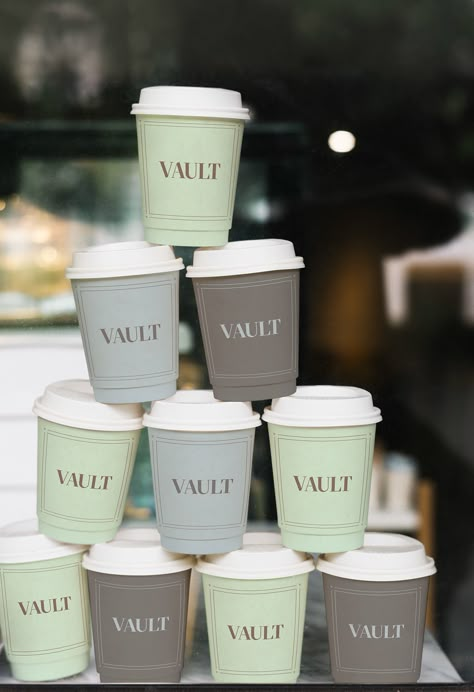 Vault on Behance Branded Coffee Cups, Coffee To Go Cup Design, Coffee Cups Design Ideas, To Go Coffee Aesthetic, Paper Coffee Cup Design Ideas, Coffee Cup Branding, Coffee To Go Design, Paper Cup Design Ideas, Coffee Paper Cup Design