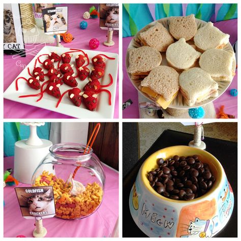 Cat Food Party Ideas, Cat Birthday Party Food Ideas, Cat Themed Party Ideas, Cat Party Ideas Food, Party For Cat, Kitten Party Ideas, Cat Themed Drinks, Cat Theme Party Food, Cat Theme Food Ideas