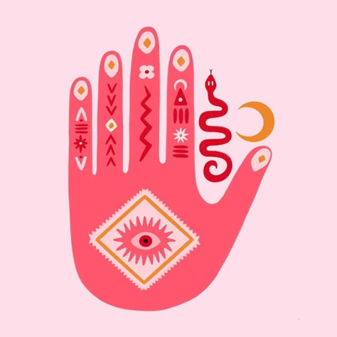 Nichola Robinson’s Instagram profile post: “Two colour palettes...pink is of course my favourite! Which one do you prefer?  🐍✋🏻👁🌙 . . . . #hamsa #hand #evileye #crescentmoon #universe…” Hamsa Hand Aesthetic, Hamsa Hand Drawing Simple, Hamsa Hand Painting, Hamsa Illustration, Blue Hamsa, Color Palette Pink, Color Inspo, Hamsa Hand, Small Decor