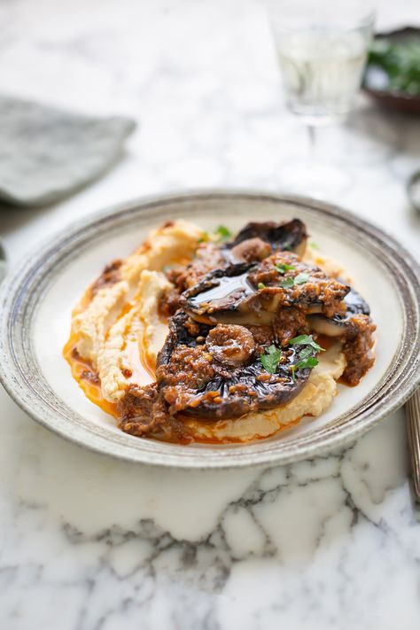 Ottolenghi\'s mushroom steaks with butter bean mash recipe | Drizzle and Dip Butter Bean Mash, Mushroom Steaks, Bean Mash, Green Olive Tapenade, Yotam Ottolenghi Recipes, Chipotle In Adobo Sauce, Ottolenghi Recipes, Canned Butter, Mash Recipe