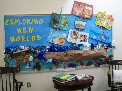 Library Bulletin Board by awilliam701, via Flickr Pirate Bulletin Boards, World Bulletin Board, Book Bulletin Board, Nautical Classroom, Christmas Bulletin Boards, Art Bulletin Boards, School Library Displays, Ocean Theme Classroom, Library Bulletin Board