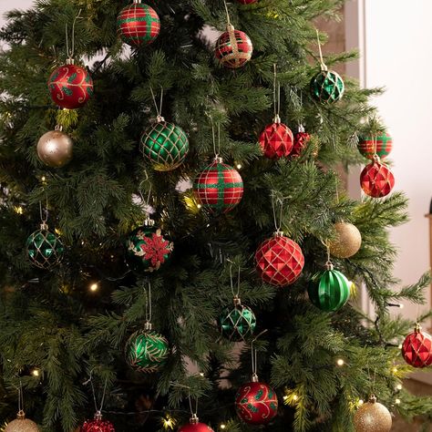 Valery Madelyn Christmas Ornaments Set, 16ct Red Green and Gold Shatterproof Christmas Tree Decorations Ball Ornaments Bulk, 3.15 Inches Traditional Country Hanging Ornaments for Xmas Trees Decor Christmas Tree Red Gold Green, Red Gold Green Christmas Tree, Red Green And Gold Christmas Decor, Red And Green Ornaments, Christmas Tree Inspo, Red And Gold Christmas Tree, Gold Christmas Tree Decorations, Christmas Apartment, Christmas Ball Ornaments