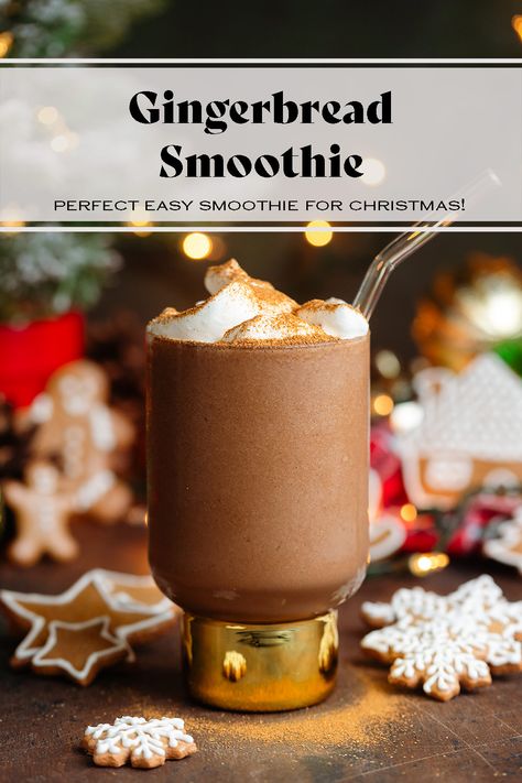 This Gingerbread Smoothie is perfect for Christmas mornings and so easy to make! The warming flavors of gingerbread make this a great smoothie for winter and it tastes like a dessert! Add protein to make it more filling or serve it as a snack for two people. It comes together in just a few minutes and it's so delicious! #FeelingFestive24 Gingerbread Smoothie, Cranberry Mocktail, Pumpkin Banana Muffins, Parmesan Green Beans, Antipasto Skewers, Christmas Breakfast Recipe, Vegan Gingerbread, Caprese Skewers, Breakfast Appetizers