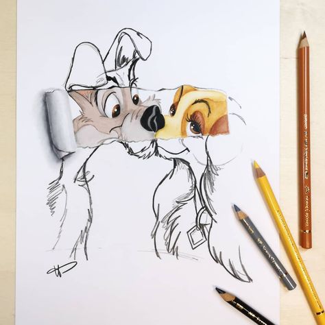 Disney Movie Drawings, Lady And The Tramp Drawing, Movie Drawings, Lady Drawing, Looney Tunes Wallpaper, Walt Disney Movies, Disney Sketches, Lady And The Tramp, Disney Movie