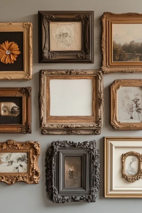 Beautiful gallery wall created with thrifted frames and unique artwork using one image. Simple ideas for budget-friendly home decor and personalized art displays. Gallery Wall With Plants, Gallery Wall Mixed Frames, Thrifting Home Decor, Thrifted Gallery Wall, Thrift Bundle, Thrifted Frames, Gold Frame Gallery Wall, Unique Frames, Diy Gallery Wall