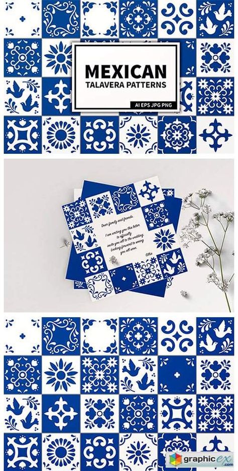 Mexican Talavera Tiles Patterns Set Mexican Talavera Tile Patterns, Talavera Pattern, Mexican Talavera Tile, Mexican Tile, Mexican Talavera, Talavera Tiles, Print Style, Tile Patterns, Blue Background