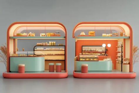 ↑↑↑ Larger size on website 🔸 The image shows a modern and minimalist bakery with a retro twist. Two symmetrical booths, each with Retro Booth Design, Modern Bakery, Glass Display Case, The Bakery, Glass Display, Orange Accents, Booth Design, Display Shelves, Display Case