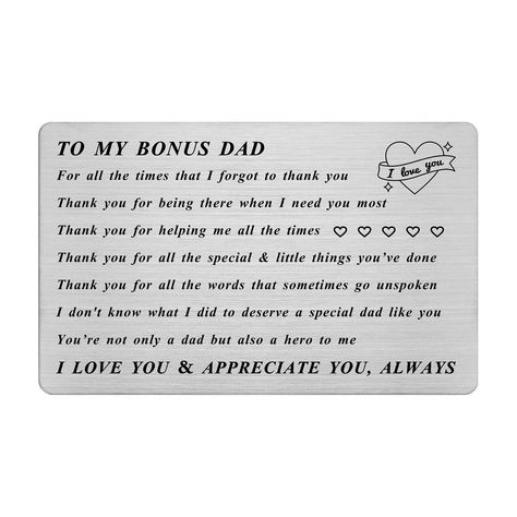 PRICES MAY VARY. Step Dad Gifts from Daughter - As a thank you step-dad gifts from daughter or son on birthday, Christmas, father's day, thanksgiving, wedding day, valentine's day, easter, new year, Xmas or just a daily presents for step dad. Best bonus dad ever. Best Bonus Dad Gifts - The step dad wallet insert card engraved with sentimental words "For all the times I forget to thank you...you are not only a dad but more than a hero to me, I love you & appreciate you always" which is a awesome Step Dad Quotes From Daughter, Stepdad Quotes From Daughter, Step Dad Quotes, Dad Birthday Gift Ideas, Dad Gifts Ideas, Dad Presents, Dad Gifts From Daughter, Dad Wedding Gift, Bonus Dad Gifts