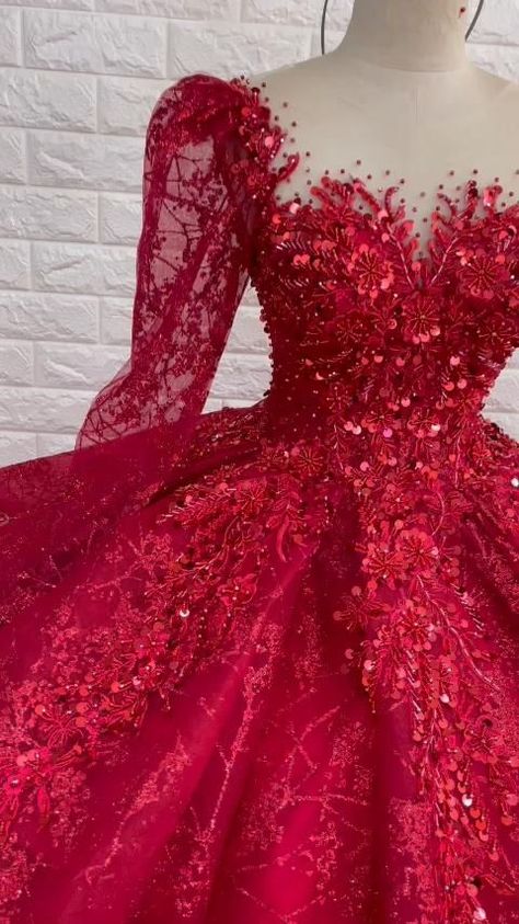 Splendid long sleeves red sparkle ball gown wedding dress with beadings u0026 glitter tulle Red Quince Dress, Red Ball Dress, Red Wedding Gowns, Red Ball Gowns, Quinceanera Dresses Gold, Red Ball Gown, Paddy Kelly, Sparkle Ball, Red Quinceanera Dresses