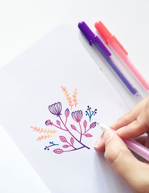 How to create gradients with gel pens: In this blog post, I share how I use gel pens to create a beautiful gradient effect and floral illustration. #floralillustration #illustration Drawing With Gel Pens, Gelly Roll Pens Ideas, Gellyroll Pen Art, Gel Pen Art Ideas, Pen Art Ideas, Gellyroll Pen, Gel Pen Doodles, Pen Drawing Ideas, Dotted Notes