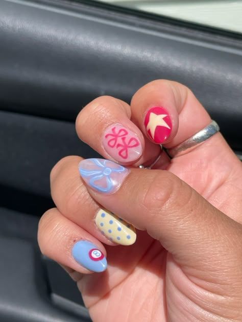 Spongebob Nails Designs Short, Crazy Summer Nails Designs, Short Nails Ideas Easy, Fun Nail Inspo 2024, Fun Nail Inspo Almond, Utah Girl Nails, Fun Almond Nails Art Designs, Danish Nails, Utah Nails Designs