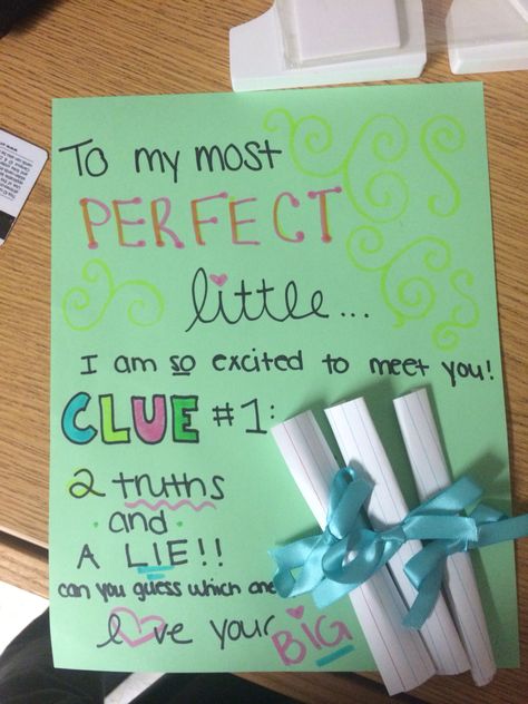 Big little week sorority clue -- 2 truths and a lie!! Sorority Clue Week Ideas, Sorority Clue Week, Gifts For Little Sorority, Big Little Basket Notes, Big Little Basket Fillers, Big Little Notes, Big And Little Themes, Big Little Hint Ideas, Big Little Clues