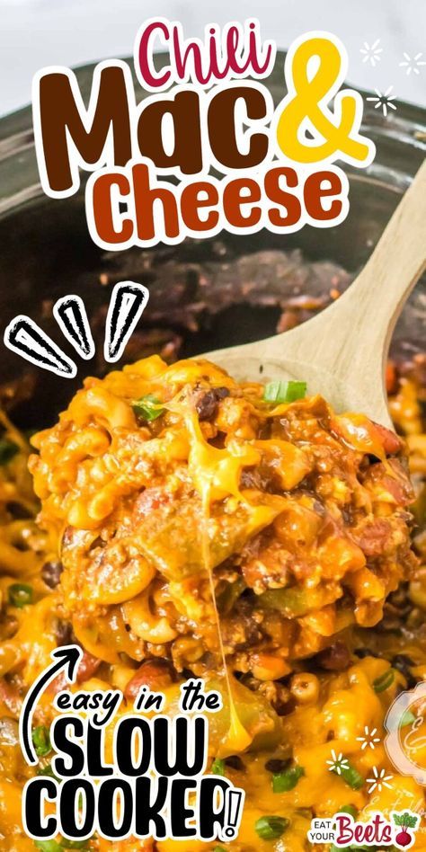 Chili Mac And Cheese Easy, Crock Pot Chili Mac, Chili Mac Crockpot, Chili Mac And Cheese Recipe, Beets Recipes, Slow Cooker Chili Mac, Mac And Cheese Easy, Crock Pot Chili, Chili Mac Recipe