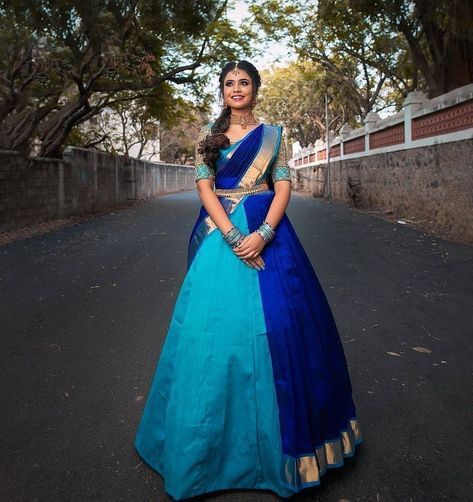 Telugu Traditional Dress, Cancan Saree Drape Bride, Lehenga Type Saree Draping, Halfsarees Traditional Simple, Half Saree Draping Style, Cancan Saree Drape, Half Saree Designs Simple, Pavadai Thavani, Cancan Saree