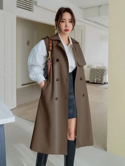 Trench Vest Outfit, Urbanic Outfit, Coat Vest Outfits, Sleeveless Trench Coat Outfits, Sleeveless Coat Outfit, Sleevless Coat, Coatigan Outfit, Coat Outfits For Women, Brown Coat Outfit