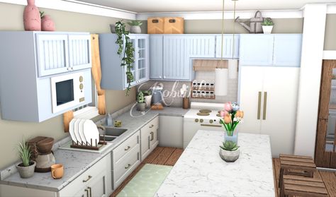 Blocksburg Beach House Ideas, Pastel Bloxburg House Layout, Roblox Aesthetic Bloxburg, Cute Kitchen Ideas Bloxburg, Danish Pastel Kitchen Bloxburg, Bloxburg Summer Kitchen, Bloxburg Kitchen Ideas Coastal, Bloxburg Kitchen Ideas Aesthetic, Bloxburg Lighting Colors