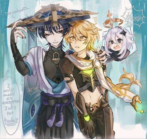 Wanderer X Aether, Scara X Aether, Aether X Wanderer, Scaramouche X Aether, Aether Harem, Wanderer Art, Scaramouche Wanderer, Genshin Ships, Cute Comics