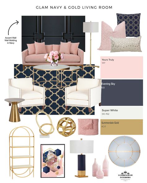 Navy Gold Living Room, Townhome Decor, Blue And Pink Living Room, Blue And Pink Bedroom, Navy Living Rooms, Gold Living, Gold Living Room, Glam Living Room, Gather Together