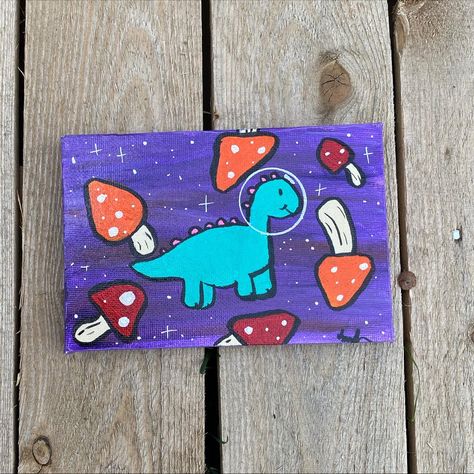 Trippy Dinosaur Painting, Trippy Dinosaur Art, Dinosaur Painting Ideas, Dinosaur Canvas Painting, Mushroom Painting Ideas, Dinosaur Painting, Vinyl Art Paint, Trippy Painting, Posca Art