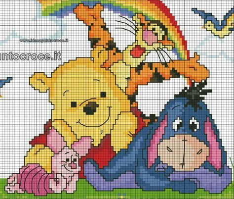 Winnie the Pooh c2c Stitch Character, Disney Cross Stitch Patterns, Baby Cross Stitch Patterns, Xmas Cross Stitch, Stitch Cartoon, Pola Kristik, Disney Cross Stitch, Baby Cross, Pola Sulam