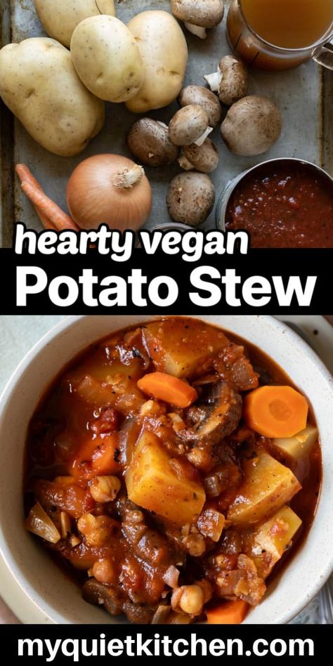 Hearty Potato Stew Vegetarian Potato Stew, Vegan Stew Crockpot, Potato Mushroom Recipe, Family Vegetarian Meals, Vegan Stew Recipes, Veg Stew, Potatoes Vegetables, Celery Recipes, Potato Stew