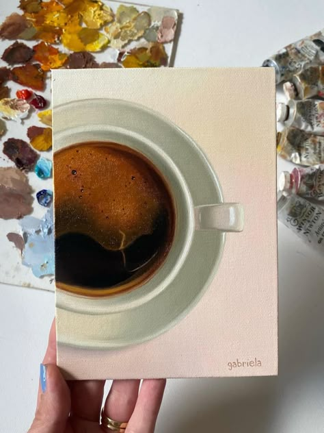 Ironic Art Painting, Cafe Acrylic Painting, Canvas Coffee Painting, Painting Ideas Objects, Coffee Art Painting Ideas, Coffee Acrylic Painting, Paintings Of Objects, Coffee Canvas Painting, Coffee Shop Painting