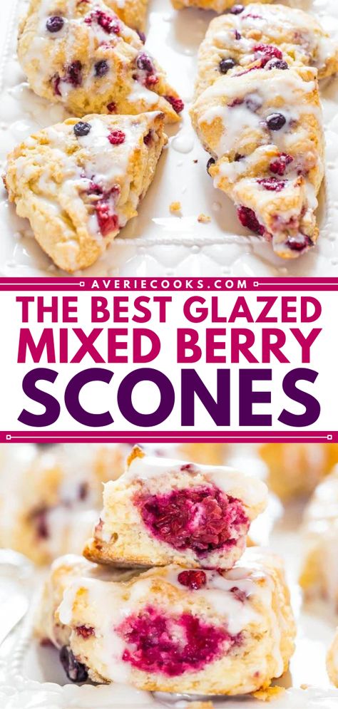 The BEST Scone Recipe (Glazed Mixed Berry Scones) - Averie Cooks Berry Scones Recipe Easy, Dried Fruit Scones, Frozen Mixed Berry Recipes, Mixed Berry Scones Recipe, Mixed Berry Scones, Using Frozen Fruit, Fruit Scones Recipe, Frozen Fruit Recipes, Best Scone Recipe