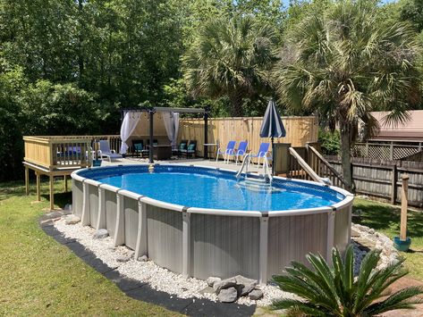 Oval 15’x30’ above ground pool and deck with privacy fence. Follow me on IG @niksicle to see more. Oval Above Ground Pools, Above Ground Pool Steps, Ideas De Piscina, Decks Around Pools, Above Ground Pool Deck, Pool Ideas On A Budget, Oval Pool, Pool Deck Plans, Cheap Pool