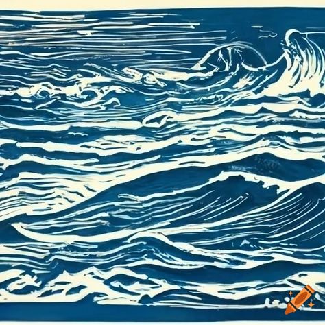 Linocut artwork of ocean waves on a beach on Craiyon Ocean Printmaking, Linocut Ocean, Beach Linocut, Linocut Ideas, Batik Ideas, Wave Illustration, Unique Images, Ocean Scenes, Ceramics Ideas