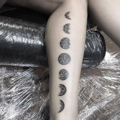 Moon Phases Leg Tattoo, Moon Phase Leg Tattoo, Lower Leg Tattoos, Memory Tattoos, Moon Phases Tattoo, Leg Tattoo Ideas, Space Astronomy, Memorial Tattoos, Leg Tattoo