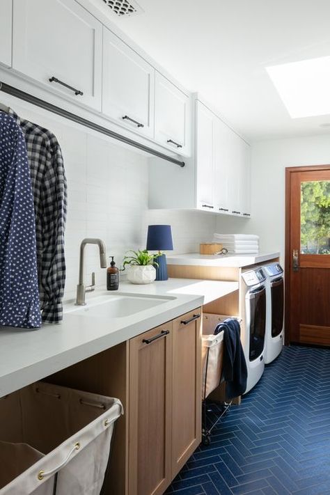 laundry room California Ranch House, 1950s California, 1950s Beach, Blue Tile Floor, Striped Bedroom, Pass Through Window, White Laundry Rooms, California Ranch, 1950s House