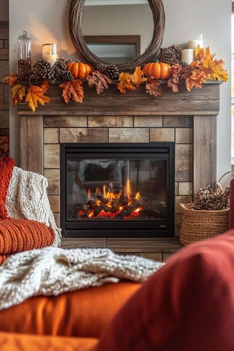 Fall Decor For Mantel, Fall Decor For Fireplace, Fireplace Mantel Fall, Mantel With Tv, Fall Fireplace Mantel Decor, Mantel Fall Decor, Fireplace Simple, Decor For Fireplace, Fall Fireplace Mantel