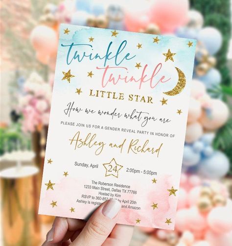 Twinkle Twinkle Gender Reveal, Unique Gender Reveal Party Ideas, Star Gender Reveal, Gender Reveal Diy, Gender Reveal Baby Shower Themes, Gender Reveal Invitations Template, Baby Gender Reveal Party Decorations, Pregnancy Gender Reveal, Star Baby Shower Invitations