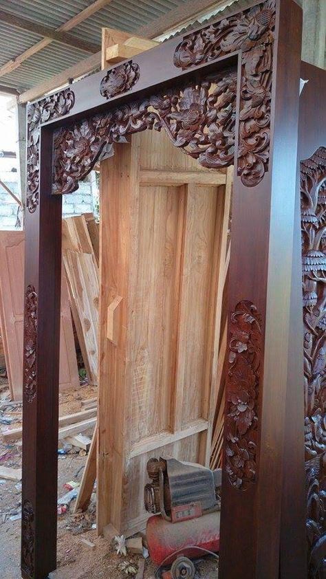 Hand carved door frame from Bali Doorway Frame, Bali Door, Wood Carved Doors For Home, Carved Frames Wooden, Hand Carved Doors Beautiful, Bali Wood Carving Panel, Hand Carved Barn Door, Carved Door, Carved Doors