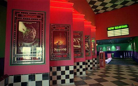 90s Theater, Theatre Ticket Booth, Birthday Party Room, Starcourt Mall, Movie Theater Aesthetic, Vintage Movie Theater, Theatre Inspiration, Theatre Interior, Memphis Milano