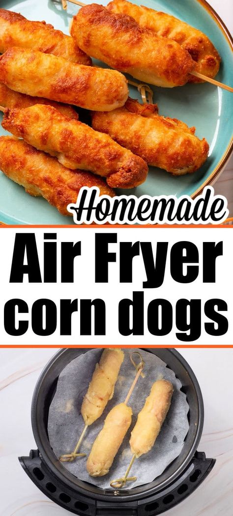 Homemade corn dogs in air fryer are possible! Use our Jiffy or keto dough to wrap hot dogs and get them crispy in Ninja Foodi or Cosori. Corn Dog In Air Fryer, Airfryer Corndogs, Corn Dog Recipe Air Fryer, Corn Dog Air Fryer, Diy Corn Dogs, Corn Dogs Air Fryer, Corn Dogs Homemade, Corn Dogs In Air Fryer, Hot Dogs In Air Fryer