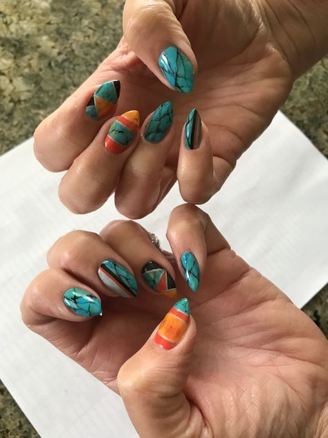 Turquoise inspired nails for spring. #springnails #nailart #turquoisenails Turquise Nails, Nails Turquoise, Turquoise Nail Art, Rodeo Nails, Cowboy Nails, Western Nails, Turquoise Nails, Nails Inspired, Retro Nails