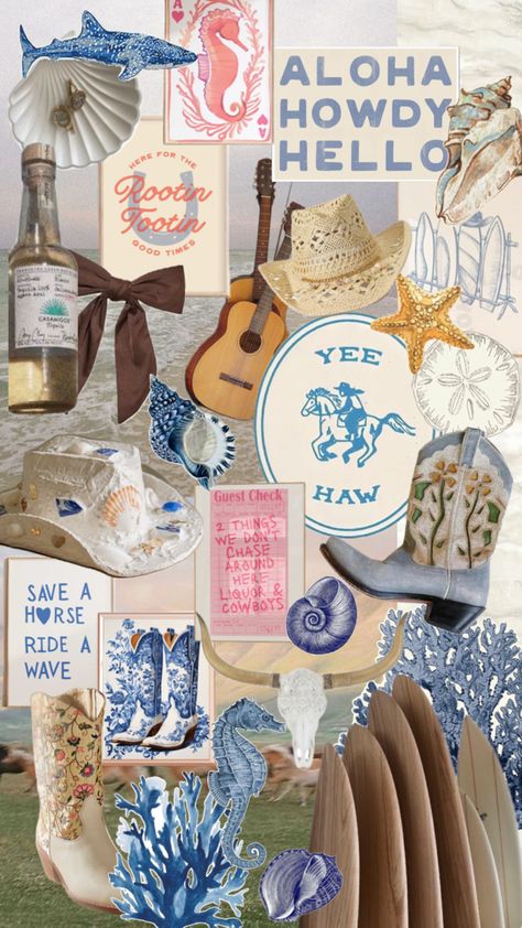 Aesthetic, western, coastal, beachy, wallpaper, collage Beachy Wallpaper, Aesthetic Western, Western Coastal, Coastal Wallpaper, Coastal Room, Cowgirl Aesthetic, Wallpaper Collage, Coastal Cowgirl, Cute Patterns Wallpaper